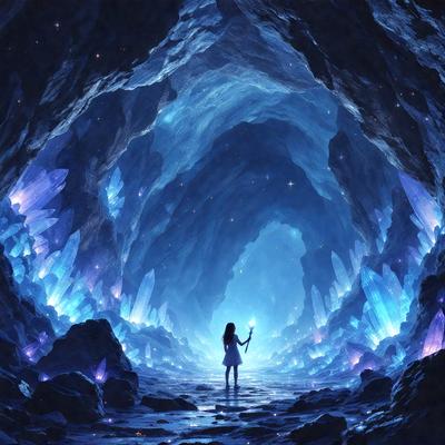 The primary subject of the image is a woman standing in a cave, holding a lantern. The setting is a dark, cavernous environment with blue lighting, creating a mysterious and atmospheric mood. The visual style is a digital art or illustration, with the woman and the lantern being the main focus of the scene. The colors and mood are predominantly blue, with the blue lighting and the woman's outfit contributing to the overall ambiance.